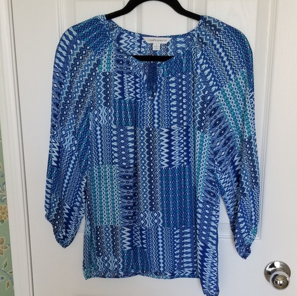 Counterparts Tops - Counterparts Light Flowy Blue/White Peasant Top